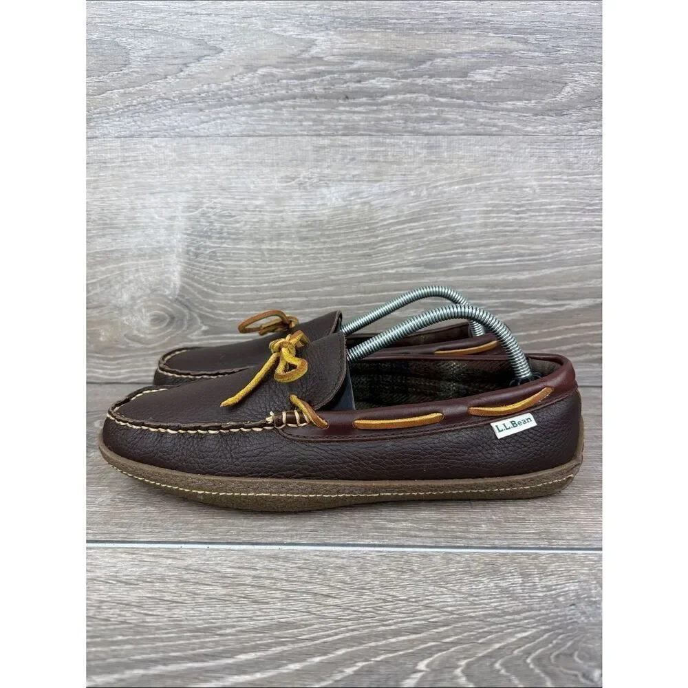 L.L. Bean Hand-Sewn Flannel Lined Men's Sz 9M Brown Slip On Moccasin Loafers